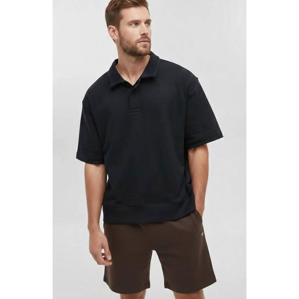Mode of One Mens Novelty Fleece Polo Shirt Deep Black 100% Cotton Large NEW